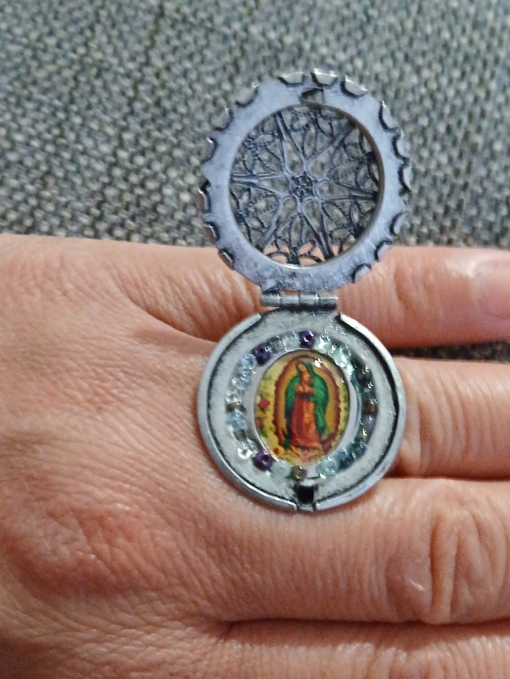 Silver-Tone Religious Locket Ring with Multicolor Accents